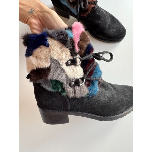 STUART WEITZMAN Black Suede Rainbow Rabbit Fur Trim Combat Boots, Size 8 - Picture 5 of 15